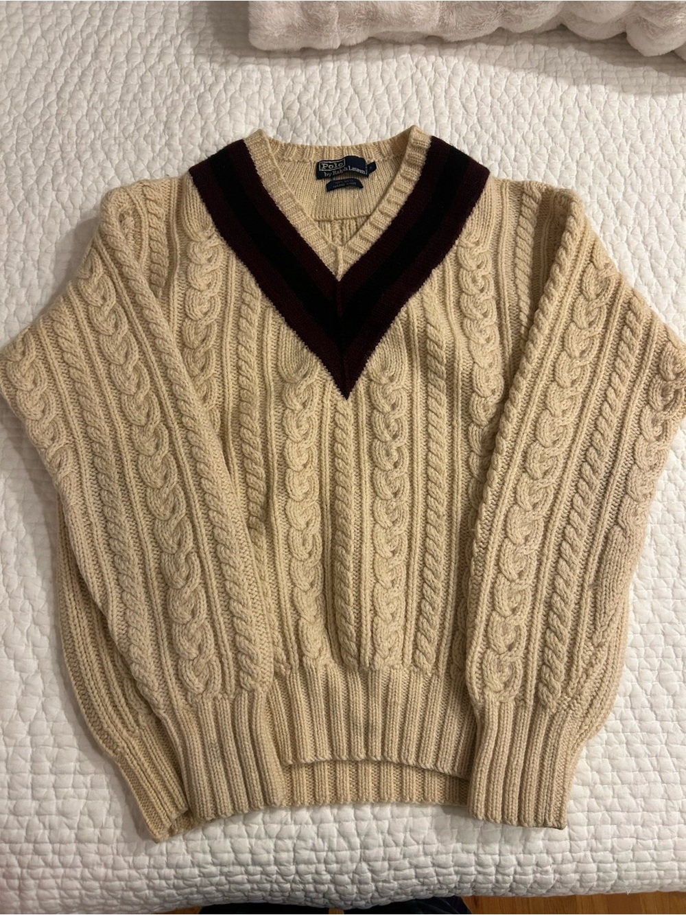 Polo by Ralph Lauren Cream Cable-Knit V-Neck Sweater with Burgundy Trim